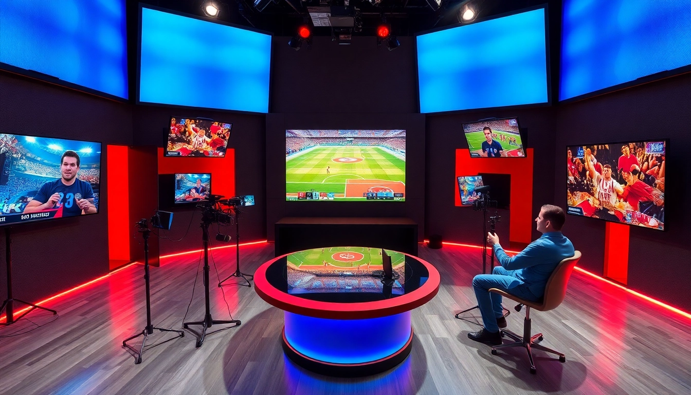 Engaging sports broadcasting studio showcasing live coverage with multiple screens.