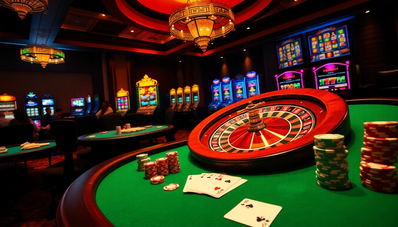 Adegan kasino yang mendebarkan dengan roda roulette datukwin dan pemain di meja poker.