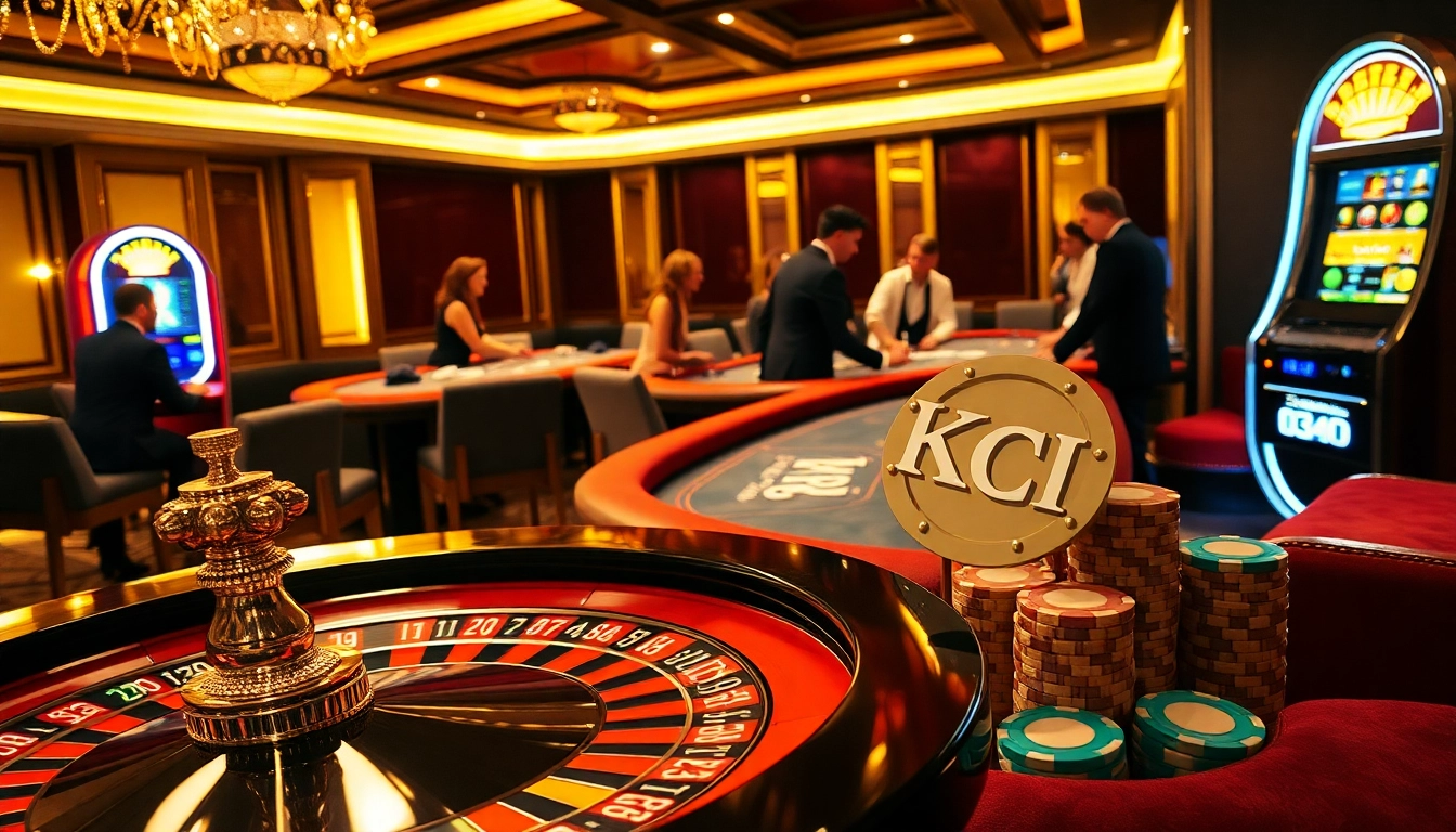 KJC poker players strategizing at a luxurious casino table, surrounded by vibrant gaming elements.