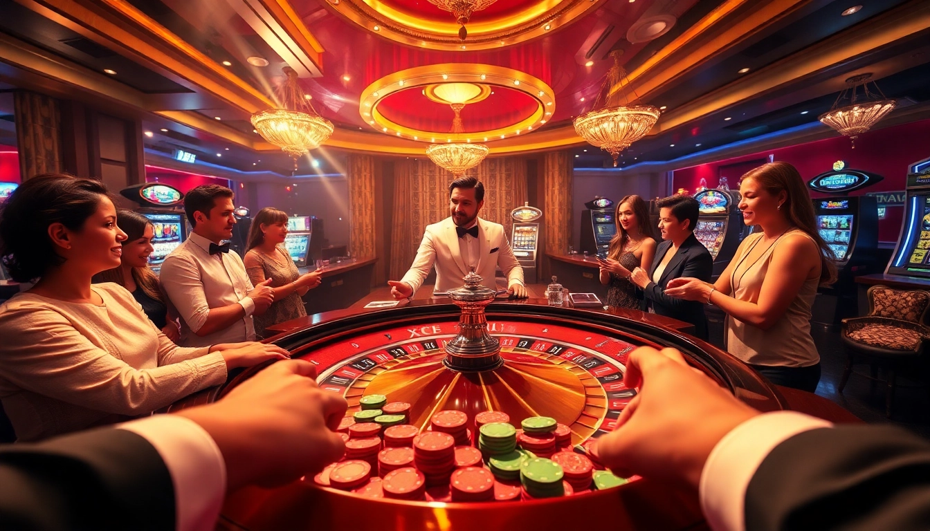 Players enjoying an exciting game at xoso66's vibrant casino, highlighting roulette and colorful chips.