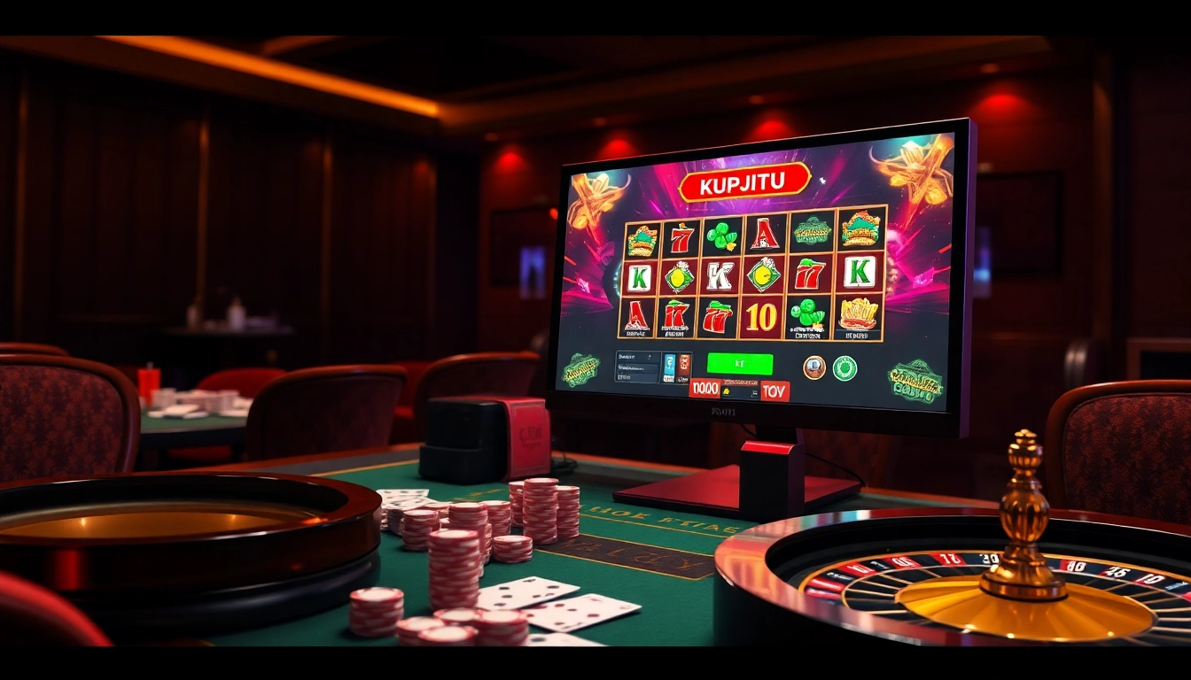 Engage in exciting gameplay with KTPJITU login displayed on a premium online gambling setup featuring slot machines and poker chips.