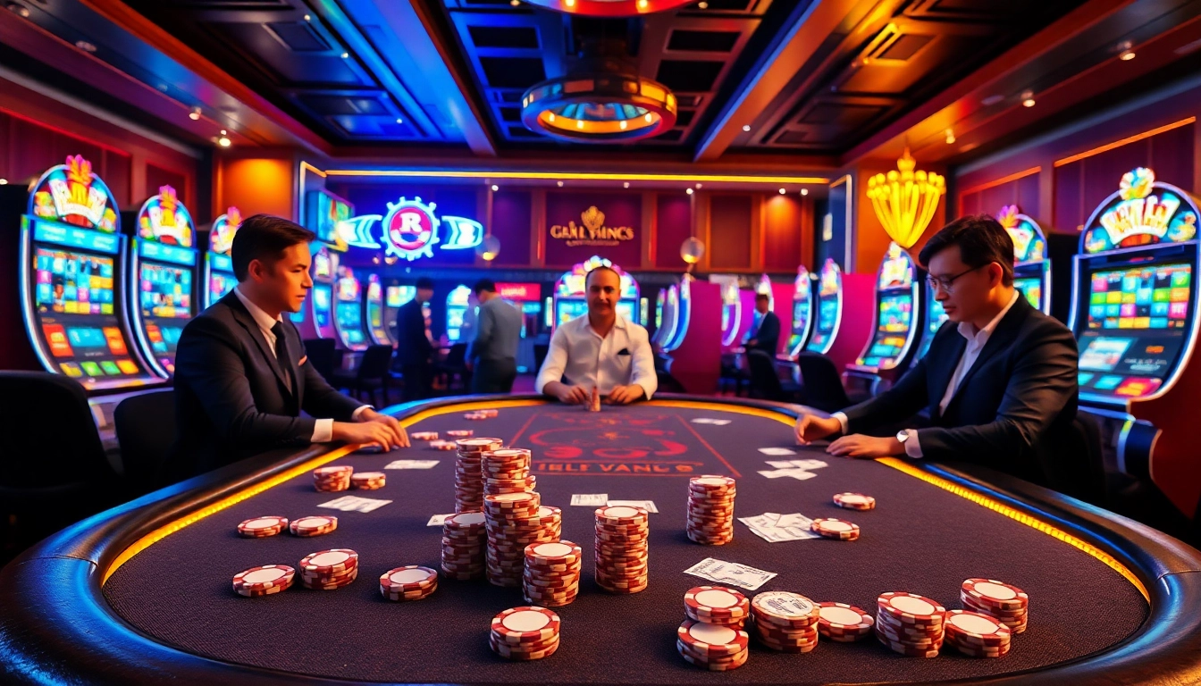 Dynamic scene of a luxury rr88 casino, highlighting poker chips and players engaged at a high-stakes table.